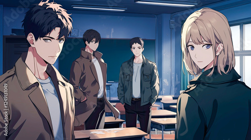 Group of students in a classroom participating in an engaging anime-themed high school detective club activity solving a mystery together photo