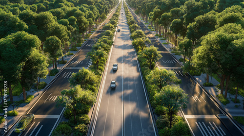 The beautiful road in the future with both sides of the street covered by a lush and Landscape with trees. Generated AI Illustration.