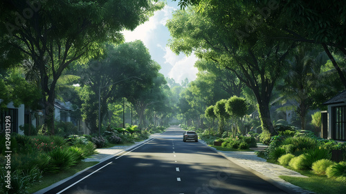 The beautiful road in the future with both sides of the street covered by a lush and Landscape with trees. Generated AI Illustration.