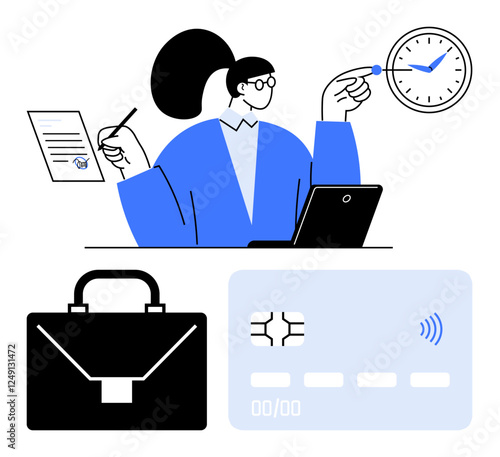 Woman multitasking with laptop, clock, document, briefcase, and credit card. Ideal for time management, finance, business tools, productivity career digital workflows abstract line flat metaphor