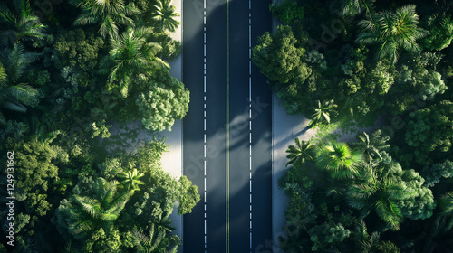 The beautiful road in the future with both sides of the street covered by a lush and Landscape with trees. Generated AI Illustration.