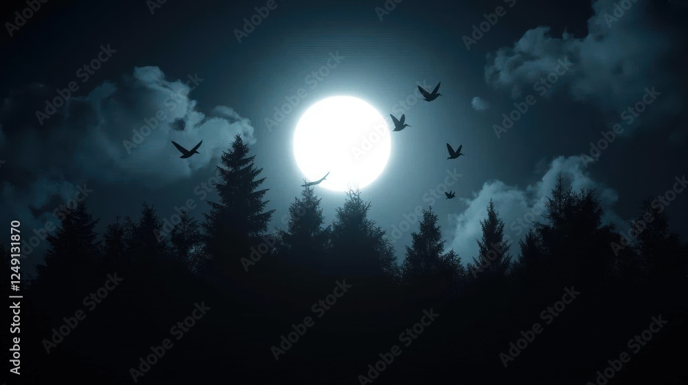 Nighttime forest scene with a full moon illuminating the treetops and birds in flight Nighttime forest scene with a full moon illuminating the treetops and birds in flight
