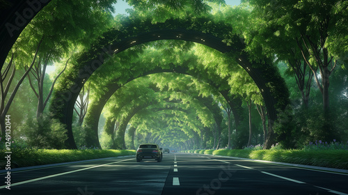 The beautiful road in the future with both sides of the street covered by a lush and Landscape with trees. Generated AI Illustration.