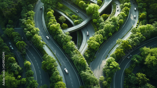 The beautiful road in the future with both sides of the street covered by a lush and Landscape with trees. Generated AI Illustration.