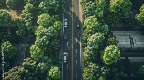 The beautiful road in the future with both sides of the street covered by a lush and Landscape with trees. Generated AI Illustration.