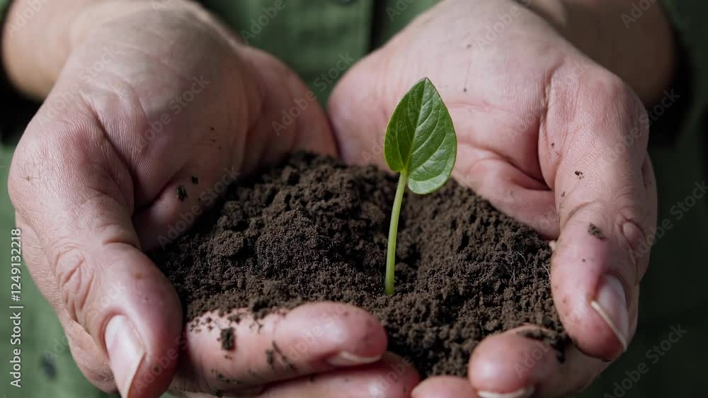 Gardener gently holding small seedling in rich, fertile soil, symbolizing nurturing green life, environmental care, and sustainable growth potential Gardener gently holding small seedling in rich, fertile soil, symbolizing nurturing green life, environmental care, and sustainable growth potential