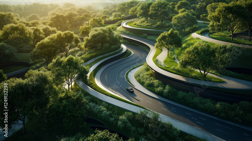 The beautiful road in the future with both sides of the street covered by a lush and Landscape with trees. Generated AI Illustration.