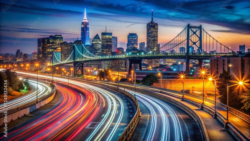 Fototapeta premium Night Traffic on I-95, Central Philadelphia Exit & Ben Franklin Bridge