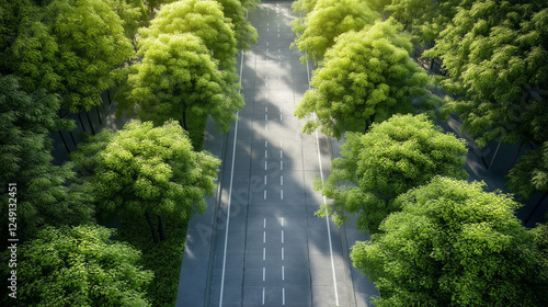 The beautiful road in the future with both sides of the street covered by a lush and Landscape with trees. Generated AI Illustration.