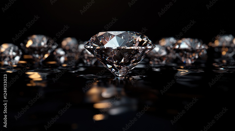 A close-up view of sparkling diamonds scattered on a reflective surface, creating a luxurious ambiance A close-up view of sparkling diamonds scattered on a reflective surface, creating a luxurious ambiance