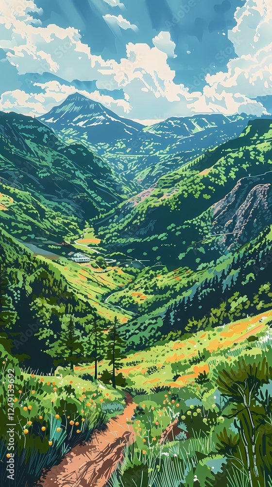 Fototapeta premium Retro orchard under snowy mountains illustration poster background