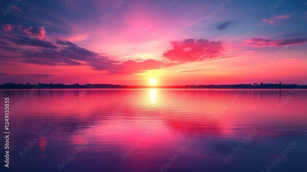 Naklejka premium Vibrant sunset over calm lake, scenic landscape, nature background, ideal for travel brochure