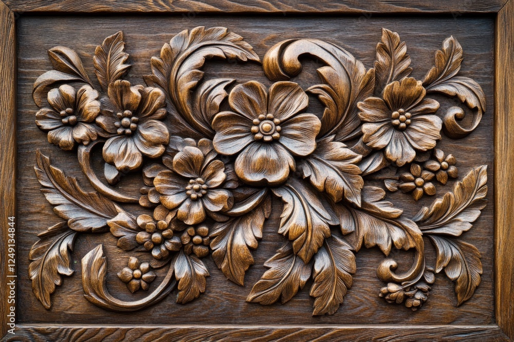 Intricate floral wood carving on dark panel (1) Intricate floral wood carving on dark panel (1)