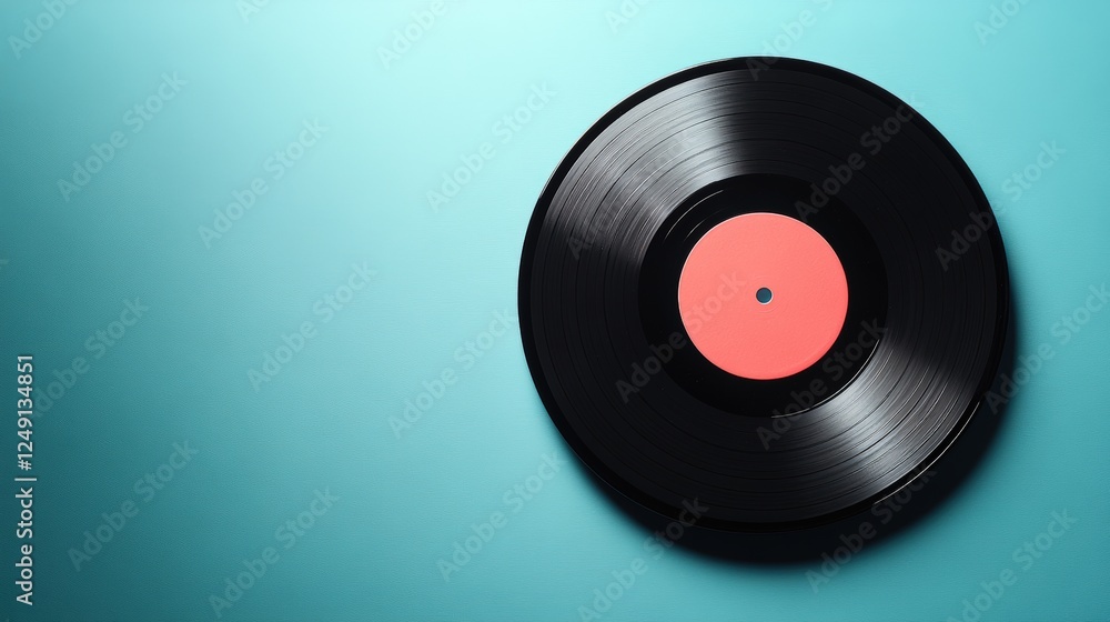 Minimalist Vinyl Record on a Blue Background with a Central Red Label Perfect for Music Lovers and Retro Aesthetic Enthusiasts Minimalist Vinyl Record on a Blue Background with a Central Red Label Perfect for Music Lovers and Retro Aesthetic Enthusiasts