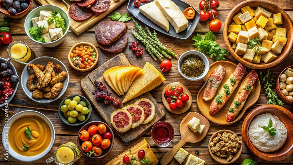 Fototapeta premium Overhead View of a Lavish European Dinner Buffet: Delicious Food & Drinks