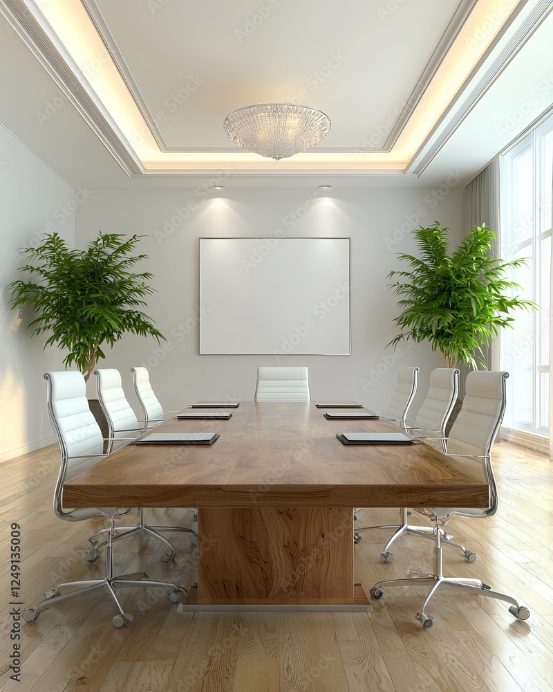 Fototapeta premium Modern conference room with a large wooden table, white chairs, and lush greenery creating an inviting atmosphere.