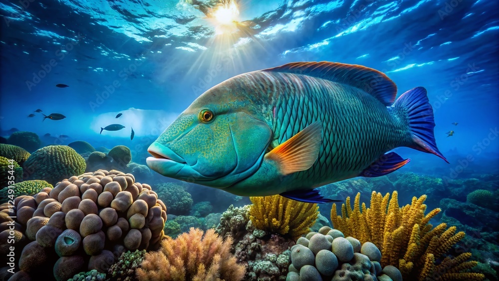 Fototapeta premium Palau Blue Corner: Majestic Humphead Wrasse Underwater