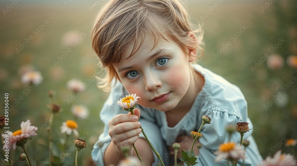 Charming Young Girl in a Meadow of Daisies Holding a Flower with a Gentle and Curious Gaze Charming Young Girl in a Meadow of Daisies Holding a Flower with a Gentle and Curious Gaze