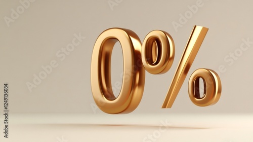 Shiny metallic gold zero percent symbol floating gracefully over a soft beige backdrop, embodying a distinctive financial or commercial concept related to discounts and offers photo