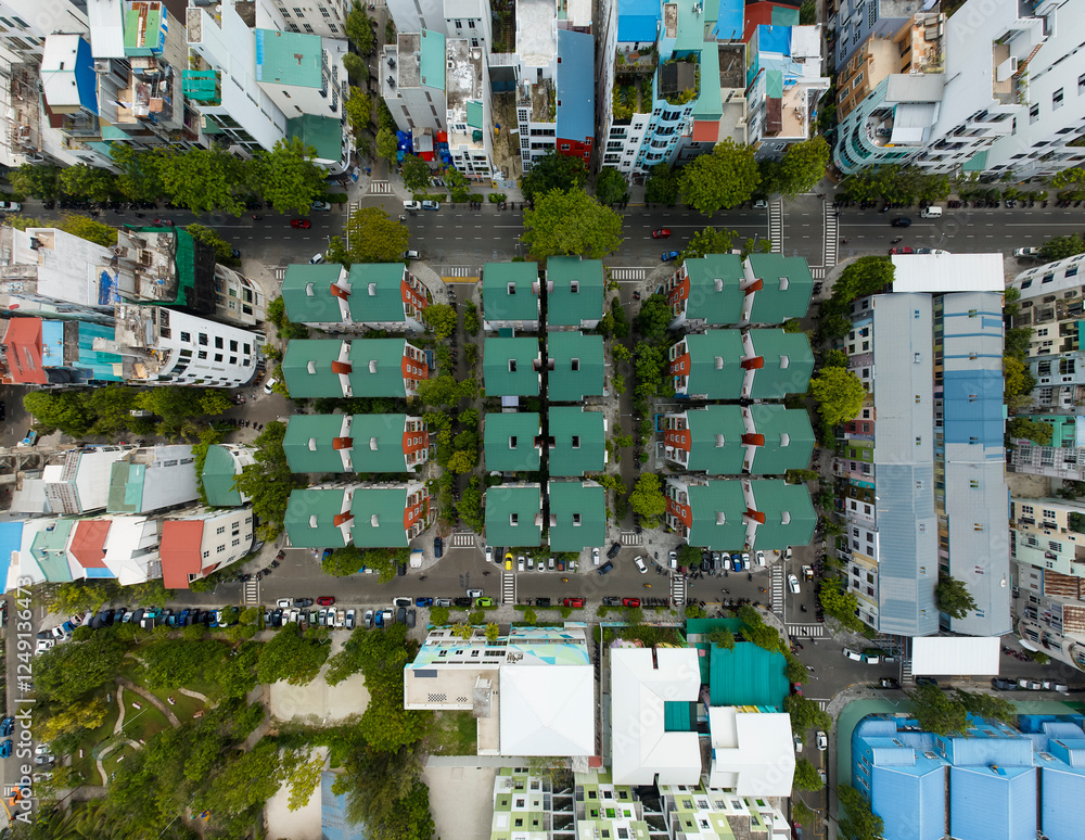 Aerial view about the Hulhumale city houses. Top down view.