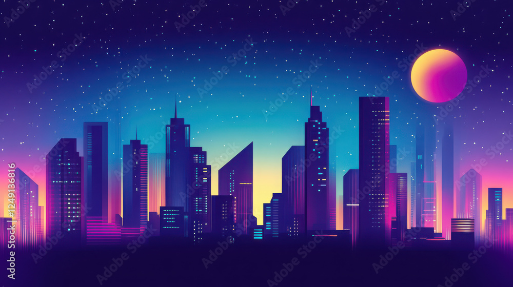 vibrant futuristic city skyline illuminated against starry night sky, featuring tall buildings and large moon. colors blend beautifully, creating captivating atmosphere vibrant futuristic city skyline illuminated against starry night sky, featuring tall buildings and large moon. colors blend beautifully, creating captivating atmosphere