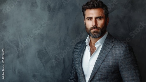 Handsome bearded businessman wearing watch, trendy suit and vest in modern studio against grey wall.