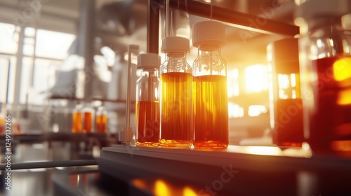 Glass bottles with orange - colored liquid on a laboratory table, with more bottles and lab equipment in the background. Laboratory and chemical research concept. photo