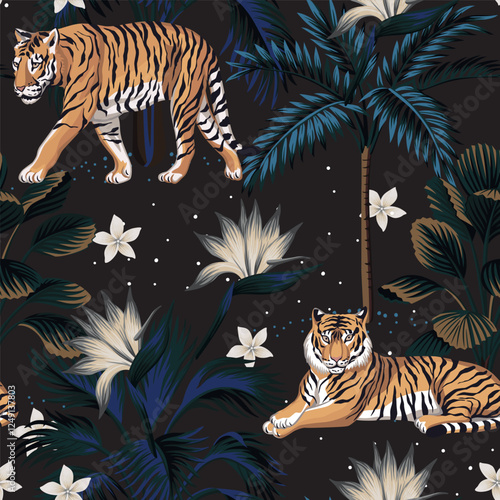 Tiger animal, banana tree, tropical palms, hibiscus flower dark seamless pattern. Exotic night botanical jungle wallpaper.