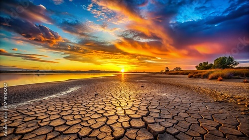 Panoramic Lake Bed Sunrise: Breathtaking Dawn Colors Over Dried Lake