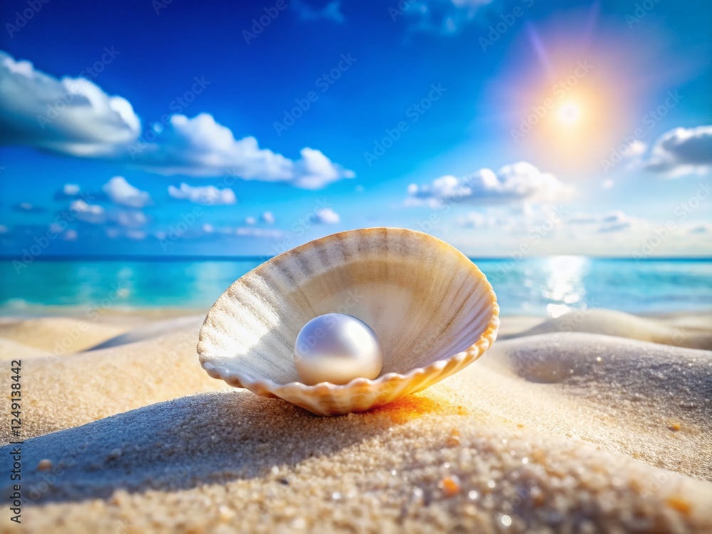 Obraz premium Panoramic Macro Photography: White Sand Beach with Pearl Shell Clam