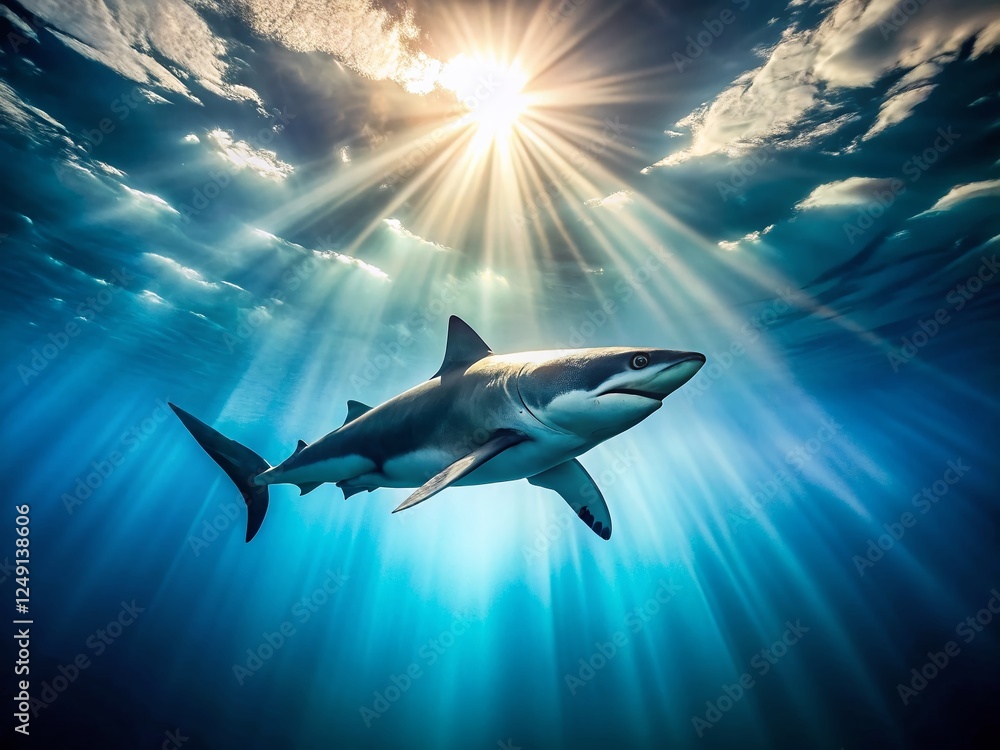 Fototapeta premium Panoramic Ocean: Great White Shark Ascending from Depths