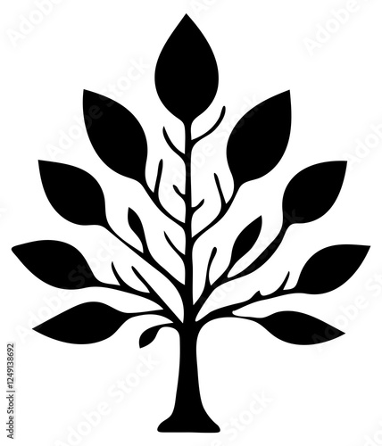Isolated Black Tree with leaves Silhouette. Decorative Tree.