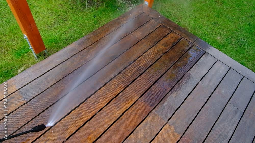 cleaning terrace with a power washer - high water pressure cleaner on wooden terrace surface - 4K video cleaning terrace with a power washer - high water pressure cleaner on wooden terrace surface - 4K video