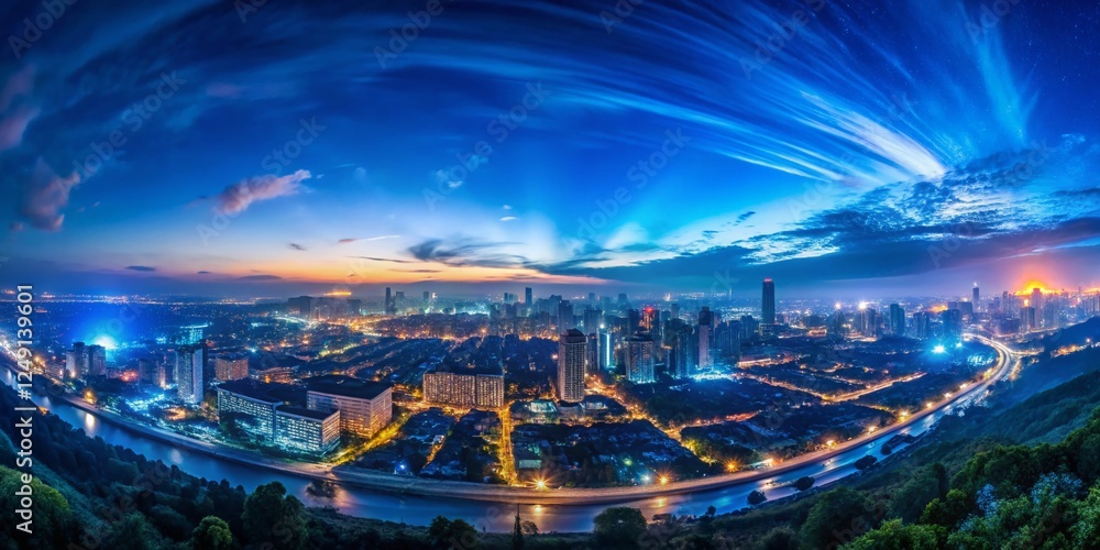 Fototapeta premium Panoramic Steel Blue Night Sky: Wide Angle Low Light Cityscape Photography