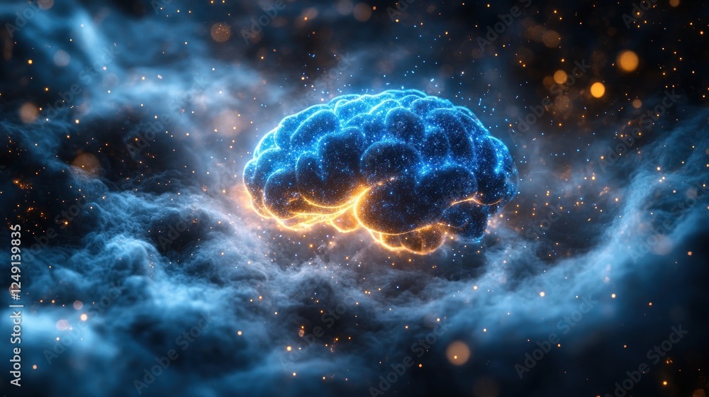 Glowing digital brain in dark space. Glowing digital brain in dark space.