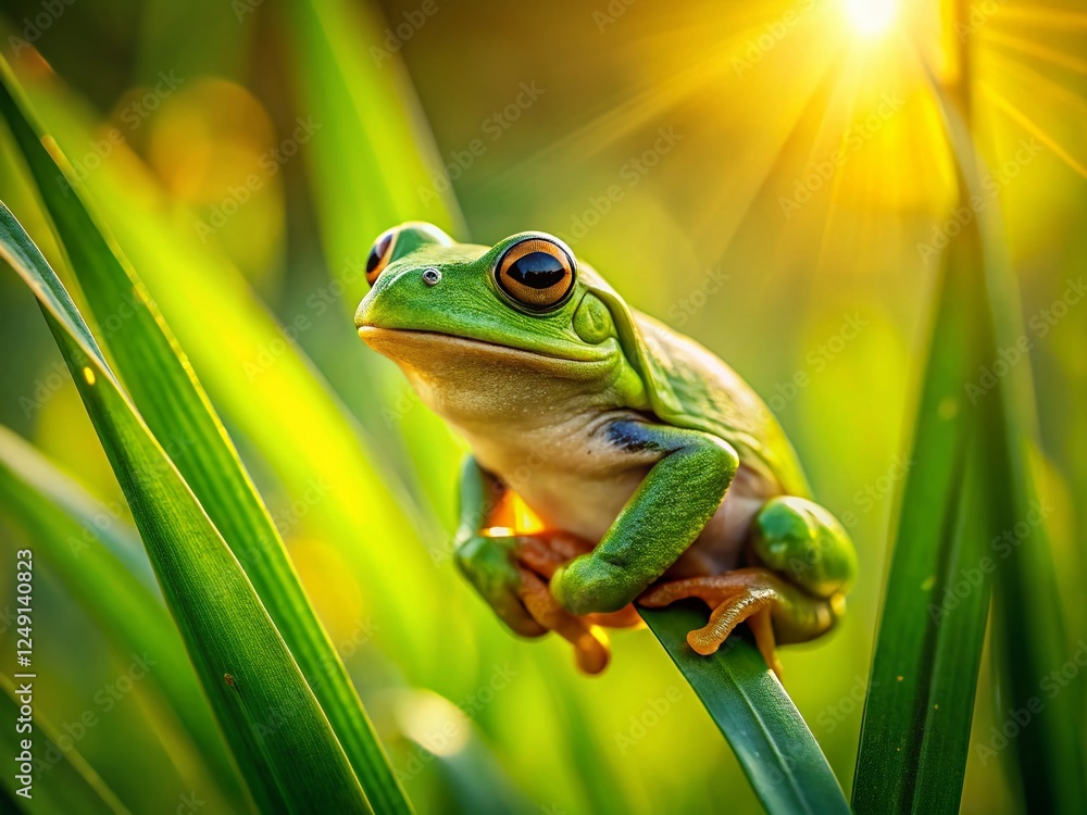 Panoramic View of a Tree Frog on Lush Green Grass Panoramic View of a Tree Frog on Lush Green Grass