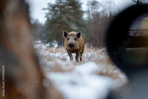 A wild boar approaches through the snow-covered terrain, embodying the wild spirit and resilience of nature while emphasizing its instinctual behavior in a tranquil winter setting. photo