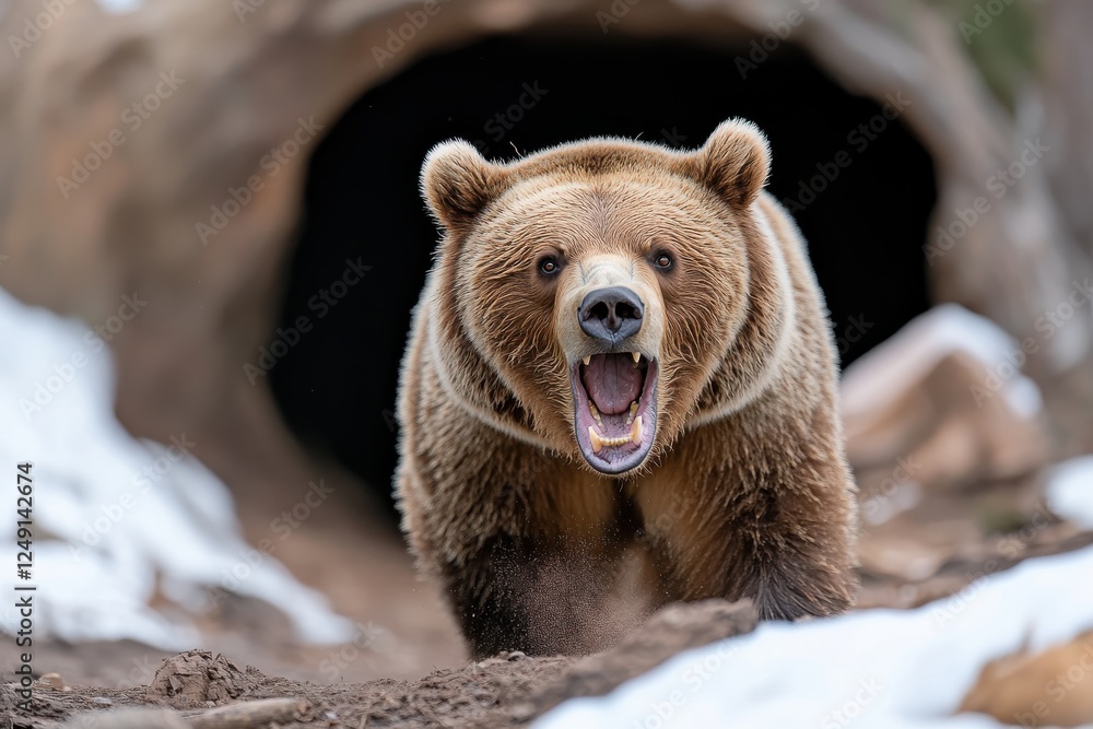 Obraz premium A grizzly bear charging towards the viewer in a snow-covered landscape, symbolizing the wild spirit and strength of nature, coupled with the elegance of its powerful movement.