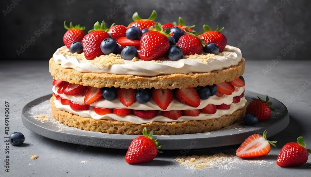 Delicious strawberry biscuit cake torte dessert with fresh berries and butter cream on concrete background. Ai generated. Delicious strawberry biscuit cake torte dessert with fresh berries and butter cream on concrete background. Ai generated.