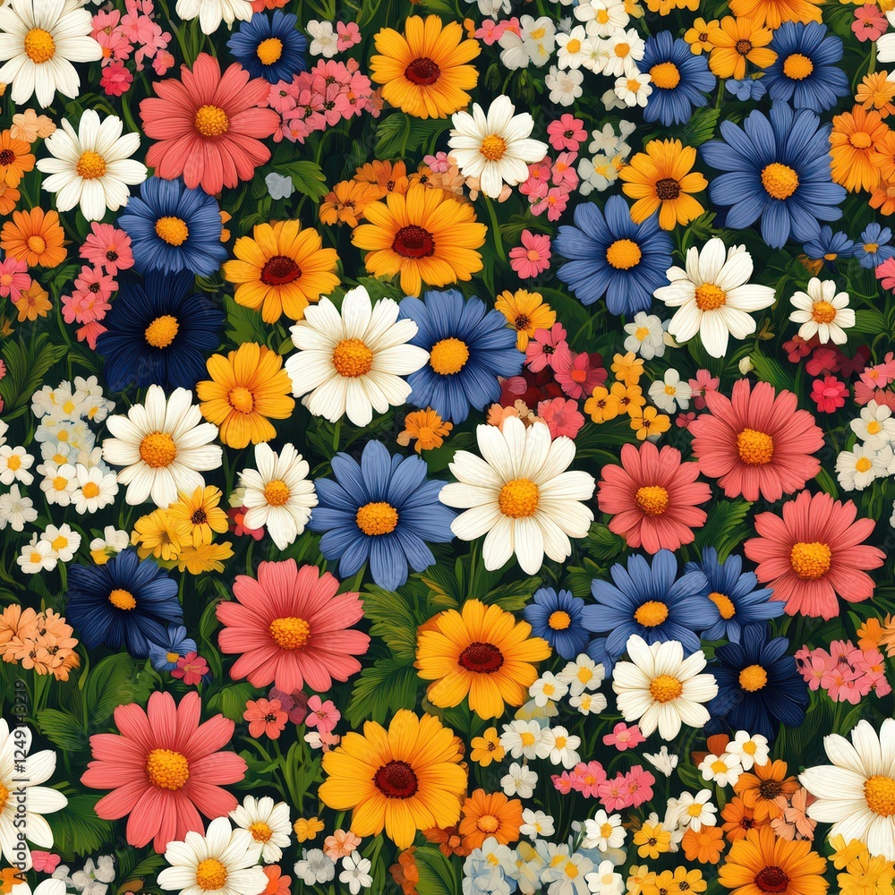 Vibrant blossoms arranged in a captivating seamless pattern. Ideal for fabric design, crafts, and backgrounds, showcasing an array of colorful flowers for a cheerful and artistic appeal. Vibrant blossoms arranged in a captivating seamless pattern. Ideal for fabric design, crafts, and backgrounds, showcasing an array of colorful flowers for a cheerful and artistic appeal.