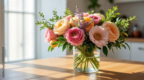Wallpaper Mural Beautiful Floral Arrangement in a Transparent Vase on a Wooden Table Torontodigital.ca