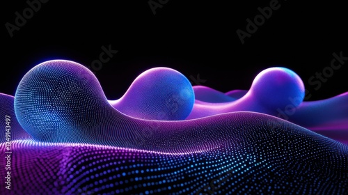 Glowing particles waving on black backdrop creating abstract background with blue and purple spheres