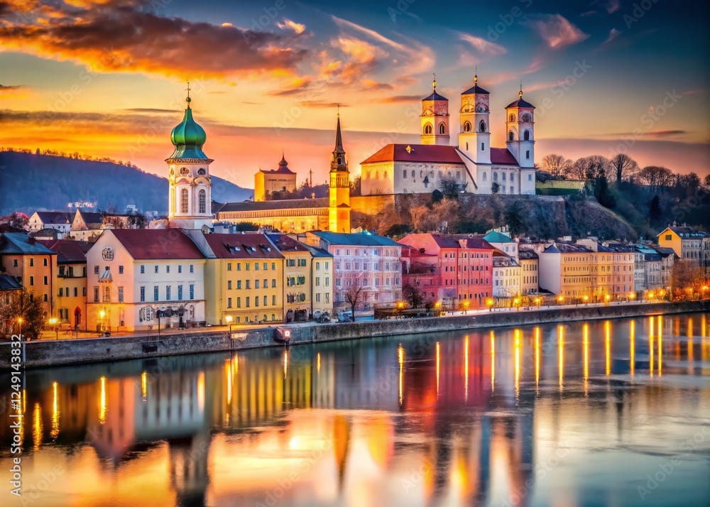 Obraz premium Passau Germany Cityscape, March Evening Low Light, Danube River