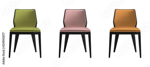 Stylish Upholstered Chair Set PNG Modern Fabric Seating in Olive Green Blush Pink and Mustard Yellow isolated on transparent background