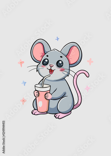Cute cartoon mouse with drink vector illustration