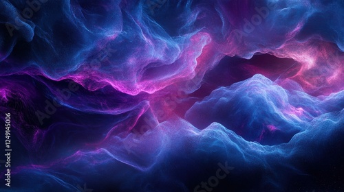 Glowing particles waving on dark blue and purple background creating a digital abstract landscape