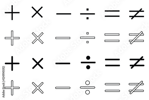 Minimalistic Math Symbols Set for Educational and Technical Use, Mathematical Operators Set, Addition, Subtraction, Multiplication, and Division, in vector form, Basic Math Symbols
