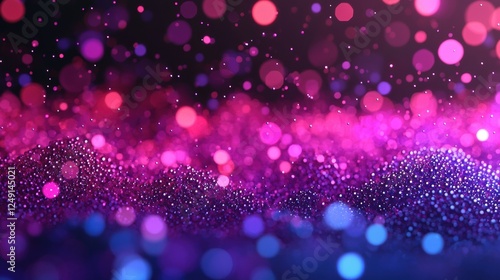 Glowing particles forming a wave with bokeh lights in blue and purple colors