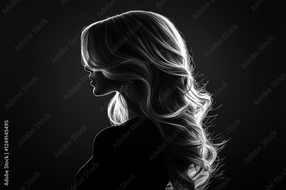 Elegant silhouette of a woman with flowing blonde hair against a dark background