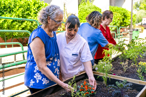 Elderly women engaging in therapeutic gardening activity